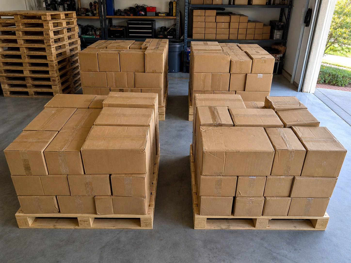 Illustration réaliste de quatre palettes restantes avec cartons et palettes vides empilées